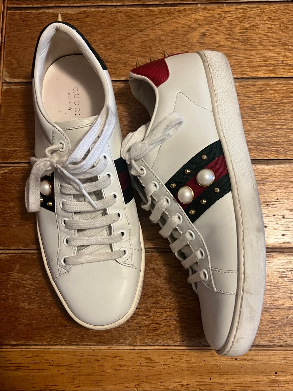 Gucci White Leather Sneakers with Red & Green Web and Pearl Studs